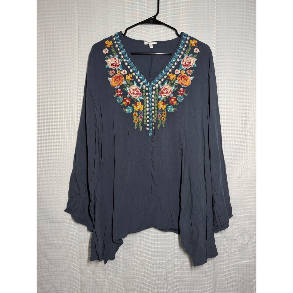 Jodifl Blouse Cotton Rayon Floral Embroidered V-Neck Relaxed Boho Tunic 1X